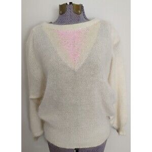 Vtg 1980s Mohair Pullover Sweater Women's Bat Wing Cream Pink Sequins M/L EUC